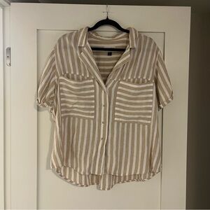 Striped Button-Up Shirt in Beige and White